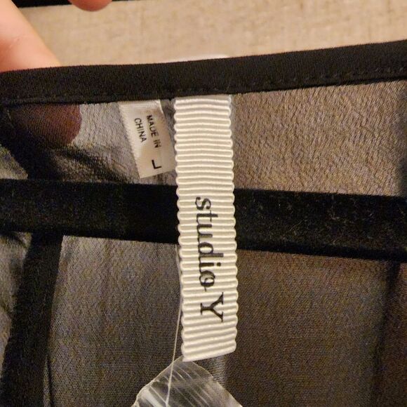 Maurices Studio Y Large Black White Lace Button 3/4 Sleeve Chiffon Top - Picture 3 of 13